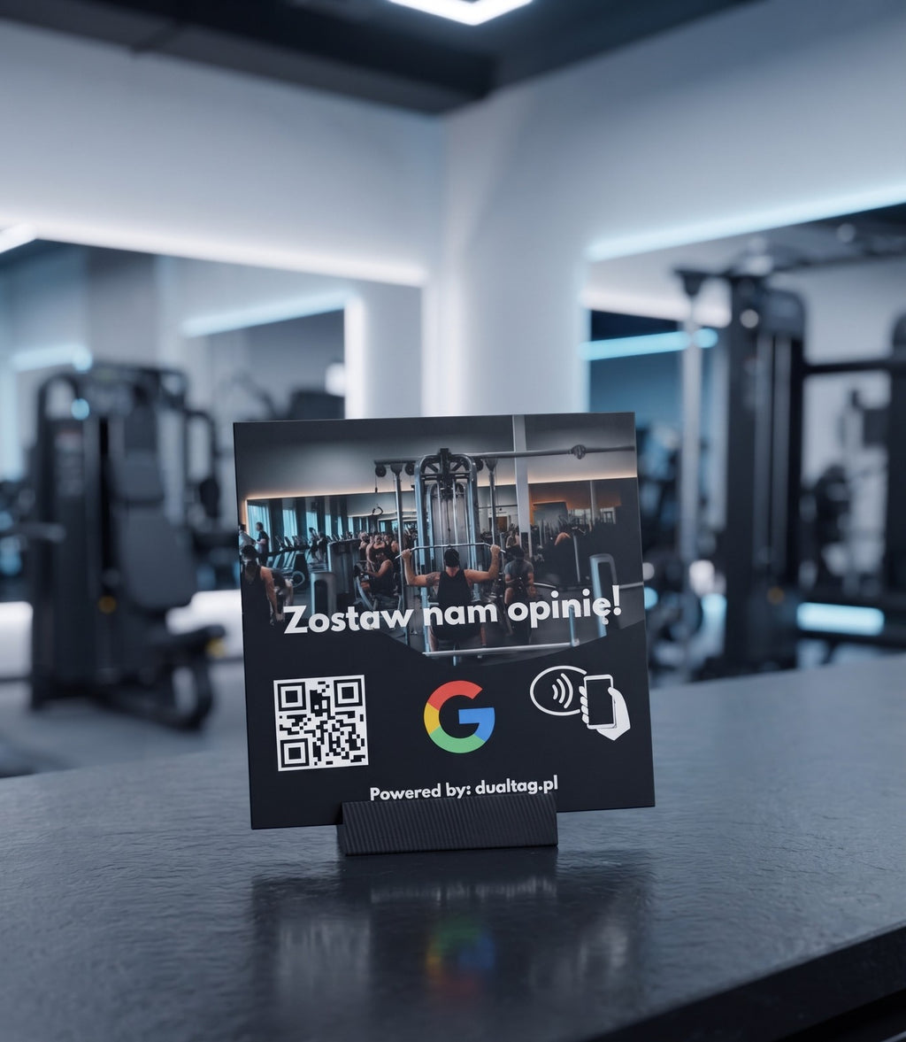 Stand DualTag z prośbą o opinię w Google, klub fitness