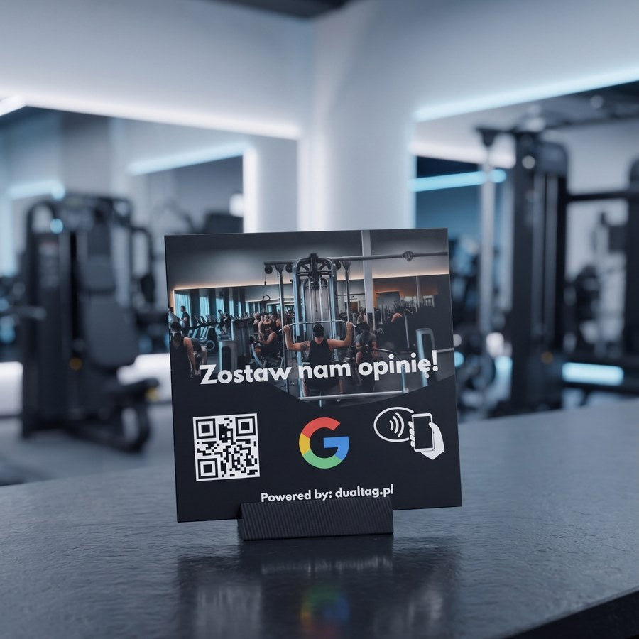 Stand DualTag z prośbą o opinię Google w klubie fitness