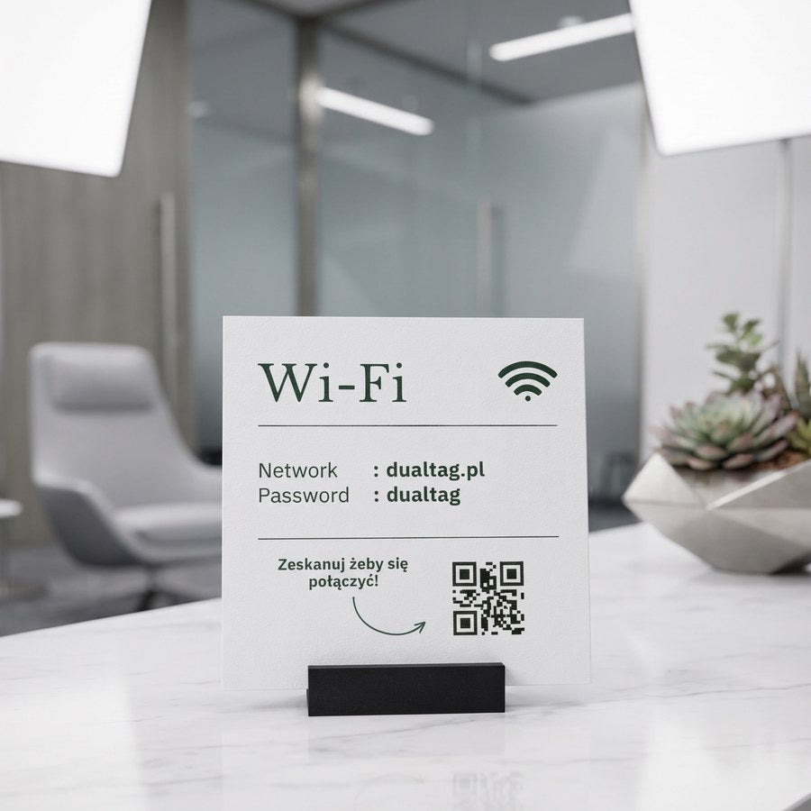 Stand DualTag z danymi do Wi-Fi na blacie recepcji